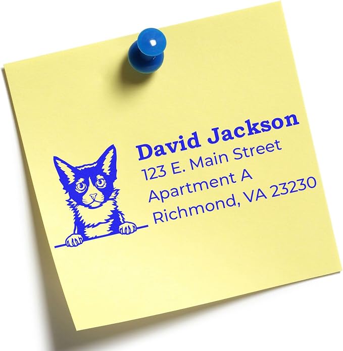 Peeking LaPerm Cat Wood Handle Address Stamp - Custom Rubber Stamp | Any standard pad works. Envelope Stamp with LaPerm Cat Design. Rubber Address Stamp for Pet Sitters Personalized. 4 lines.