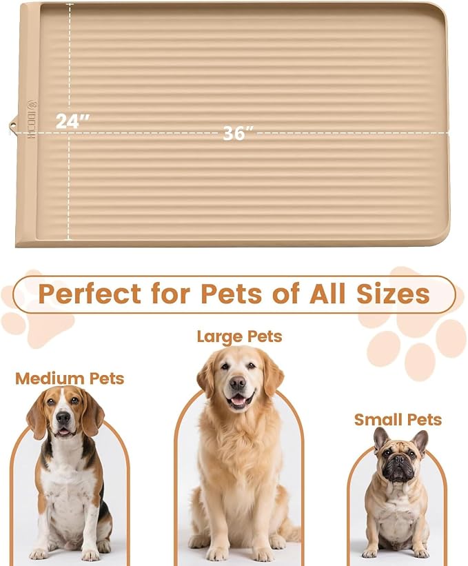 Dog Food Mat 36"x24", Waterproof Dog Bowl Mat, Khaki | Raised Edges Prevent Spills, Diversion Grooves, Waterproof Surface, Non-slip Backing, Easy to Clean