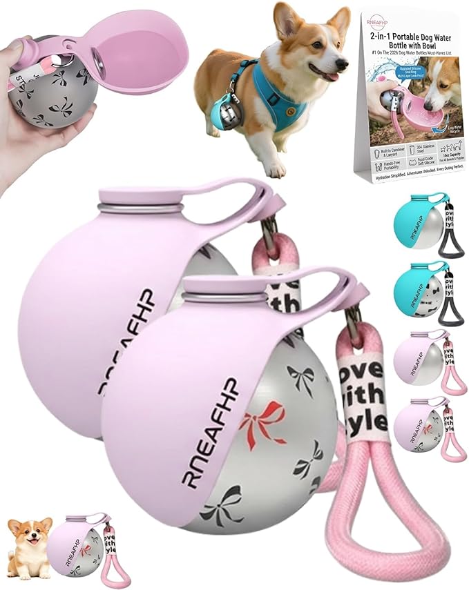 Dog Water Bottle with Bowl 2-in-1 Portable Leak Proof 10 OZ Puppy Travel Drink Dispenser for Large Medium Small Breeds Stainless Steel Hydration Tumbler Buddy Cup for Dogs Pets Outdoor(2Pink B)