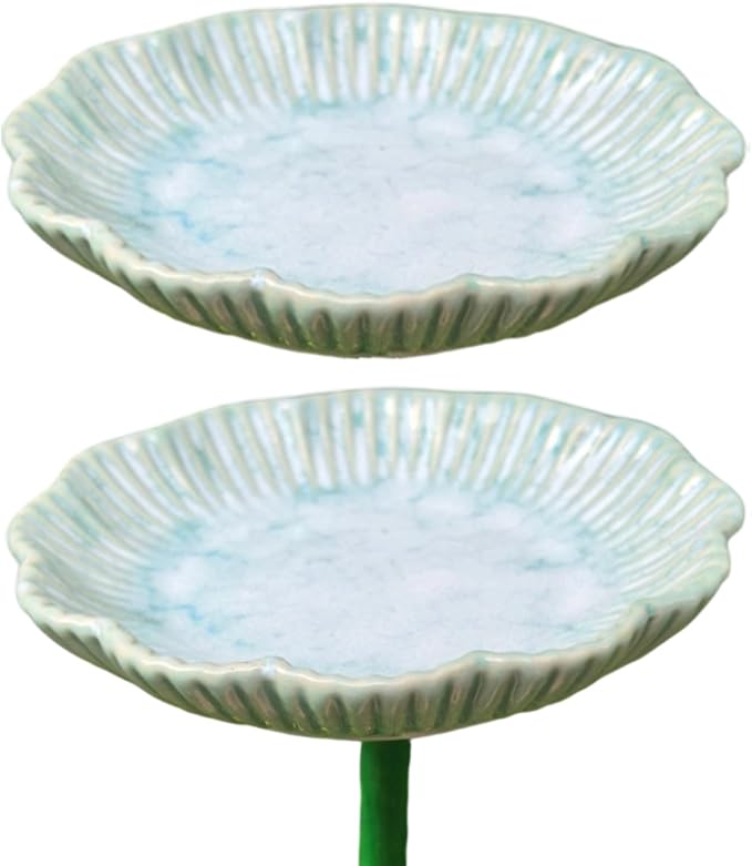 Ceramic Bird Bath Set of 2 with Fluted Bowl Stake, Vertical Green | Decorative Glazed Water Basin for Patio Garden Balcony Display