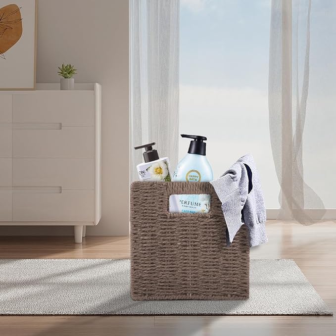 6 Pack 8.7 Inch Wicker Baskets | Hand Paper Rope, Storage Baskets,Foldable Cube Storage Bins Organizer Square Wicker Cubes for Shelves(Brown)