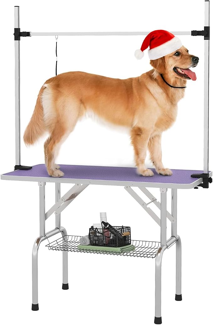 Pet Dog Grooming Table, Foldable Stainless Steel Pet Drying Grooming Table Up to 330lbs, Professional Bathing Desk for Dogs at Home with Adjustable Overhead Arms, Noose, Mesh Tray, 42''/Purple