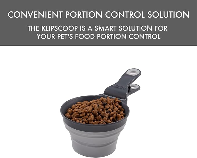 Dexas Popware for Pets Collapsible Klip Scoop, 3-in-1 Pet Food Scoop, Measuring Cup and Bag Clip, 1 Cup Capacity, Light Gray