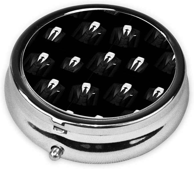 Purse Pill Organizer, Round Portable Case, Waterproof Holder for Vitamins, Mini Travel Box for Urban Commuters, Black Tie Tuxedo