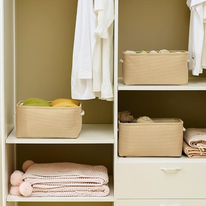 Storage Bins for Shelves - Medium 3Pack 13.8L*9.8W*6.7H inch Canves Storage Basket for Organizing, Fabric Storage with Handles for Clothes Baby Dog Toys(Beige)