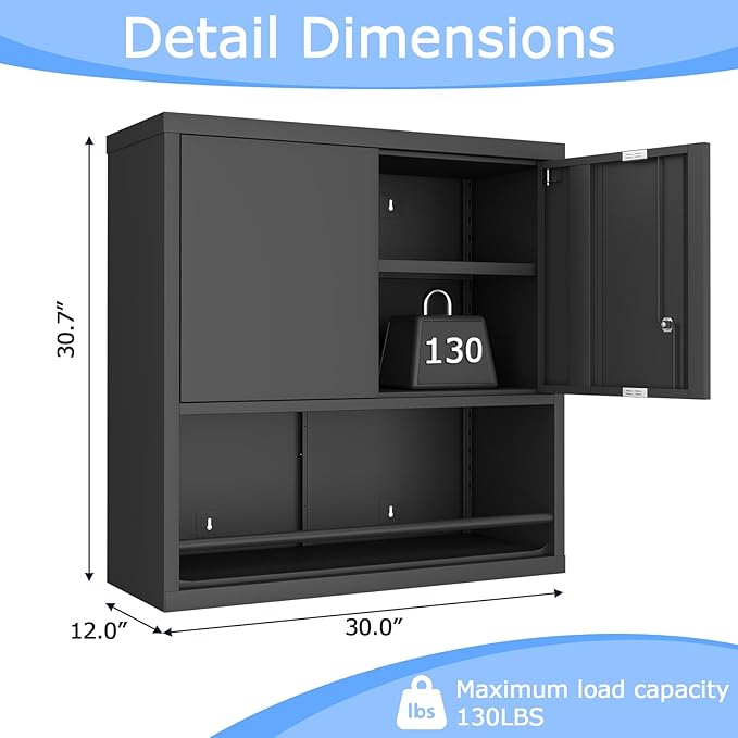 Metal Wall Cabinet, Garage Wall Cabinet with Lock, Wall Mounted Heavy Duty Steel Tool Cabinet with Door and Shelf, Locking Cabinet for Garage Warehouse Bathroom Kitchen, Black