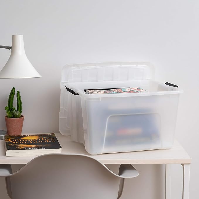 IRIS USA 4-Pack 40 Quart Storage Bins with Lids, Pearl | Conceals contents for a clean look. Perfect for moving, blankets, clothing, and garage storage. Nestable design saves space
