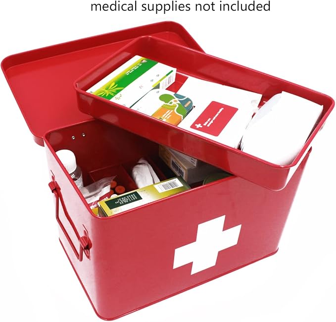 Funly mee Vintage First aid Box for Home, Medicine Tin, Red Metal Medicine Storage Box (Large 12.6× 8.3×7.7 inches)