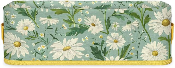 Daisy Green White Flowers Bathroom Storage Basket, Foldable with Handle Open Countertop Paper Towel Decorative Box, Toilet Tank Top Shelf Baskets for Home Closet Bedroom Living Room Office