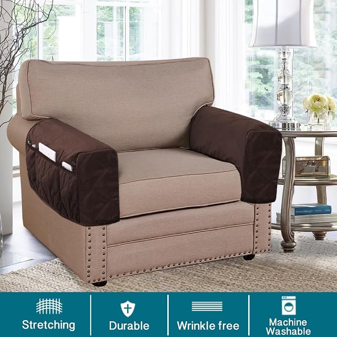 Velvet Quilted Armrest Covers - Water-Resistant Sofa Arm Protectors Set of 2 with Side Pocket Organizer, Non-Slip Furniture Covers for Chairs & Couches (Brown)
