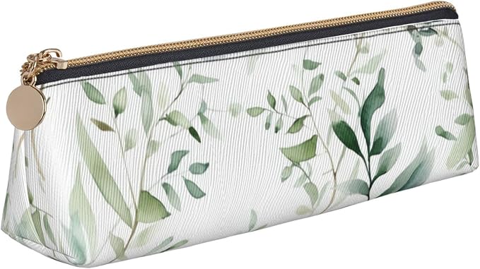 Leather Pen Case with Zipper - Aesthetic Pen Holder White Natural Greenery Twig Pencil Case for Women & Men - Handcrafted Pencil Bag Multi-Functional Travel Cosmetic Case for Work Office Tool Pouch
