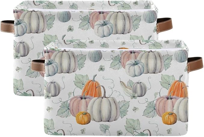Fall Pumpkin Storage Basket Fabric Kitchen Baskets Autumn Maple Leaves Open Home Storage Bins Boxes Foldable Organizer Bag for Baby Cloth Pet Toy Book Shelf Closet Baskets 2 Pack 16×12×8 Inches
