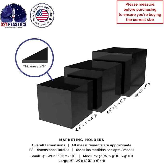 2 Pack Acrylic Display Riser Boxes 3 Piece No Lid Black Retail Product Riser 4", 5", 6" High Multi Level One Open Side Merchandise Storage Box POP Showcase by Marketing Holders