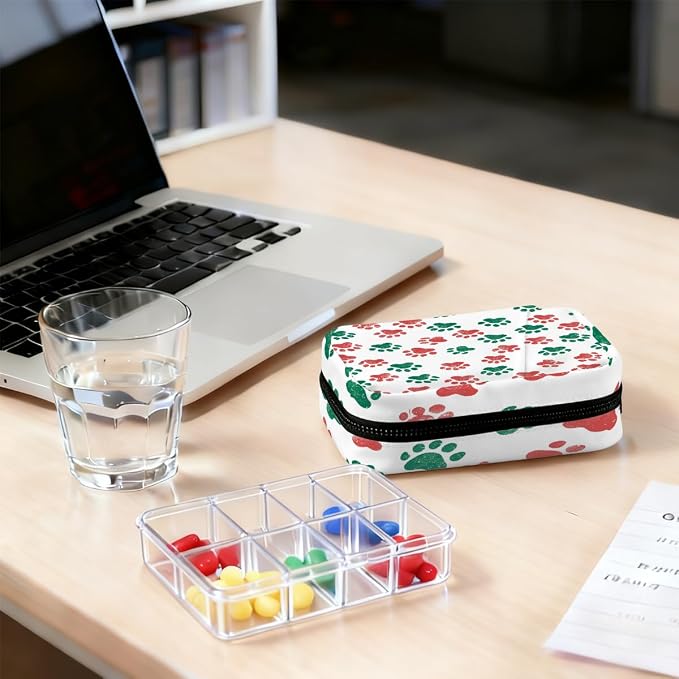 Weekly Pill Organizer Travel Size Bag with Removable 7 Day Pill Box Portable Vitamin Case Purse with Zipper,Red Green Pet Paws White