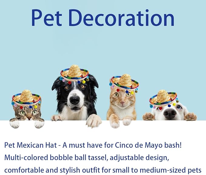 Pet Mexican Hat, Colorful Bobble Ball Tassel, Adjustable Design, Comfortable and Fashionable Dress for Small and Medium-Sized Pets. (Colorful)