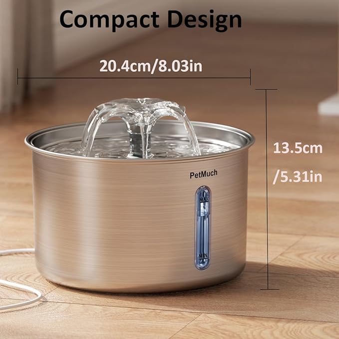 Stainless Steel Cat Fountain, 102 oz/3L Automatic Pet Fountain for Cats and Small Dogs, Ultra-Quiet Pump with White LED Light, Water Level Window