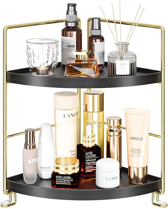 KINGNERWI 2-Tier Bathroom Counter Organizer, Vanity Corner Shelf, Black | Makeup Skincare Storage Tray, Small Countertop Rack, Stores Cosmetics, Perfume, Seasoning, Fits Sink and Dresser