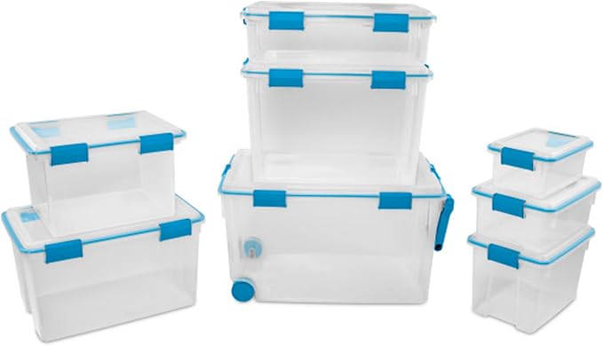Sterilite Gasket Storage Box with Lids for Home & Office, 120 Quart, 3-Pack | Heavy-Duty, Stackable, and Organizing Containers for Bathroom, Cabinet, Closet, and Garage, Clear and Blue Aquarium Latches