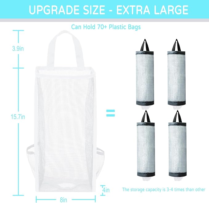 Large Capacity Grocery Bag Holder - Breathable Mesh Plastic Bag Dispenser Organizer (White)