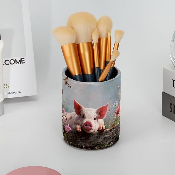 Faux Leather Pen Holder for Desk, Pencil Organizer Pig and Fence Pen Cup Desk Decor Makeup Brush Holder Storage for Office Home