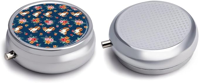 Round Travel Pill Box with Mirror English Springer Spaniel and Retro Floral, 3 Compartment Metal Pill Holder for Purse Fish Oil Supplements