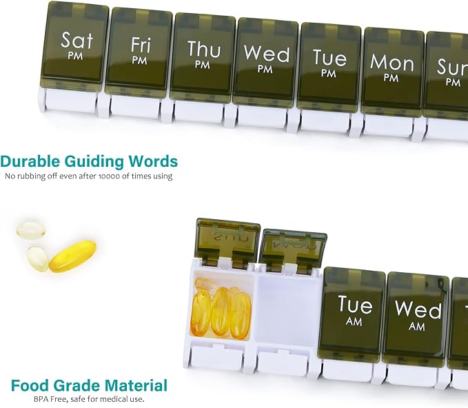 2 Week Pill Box, MOLN HYMY 7 Day Pill Organizer 2 Times a Day, Weekly Pill Container to Hold Medication, Vitamins Fish Oils (Green)