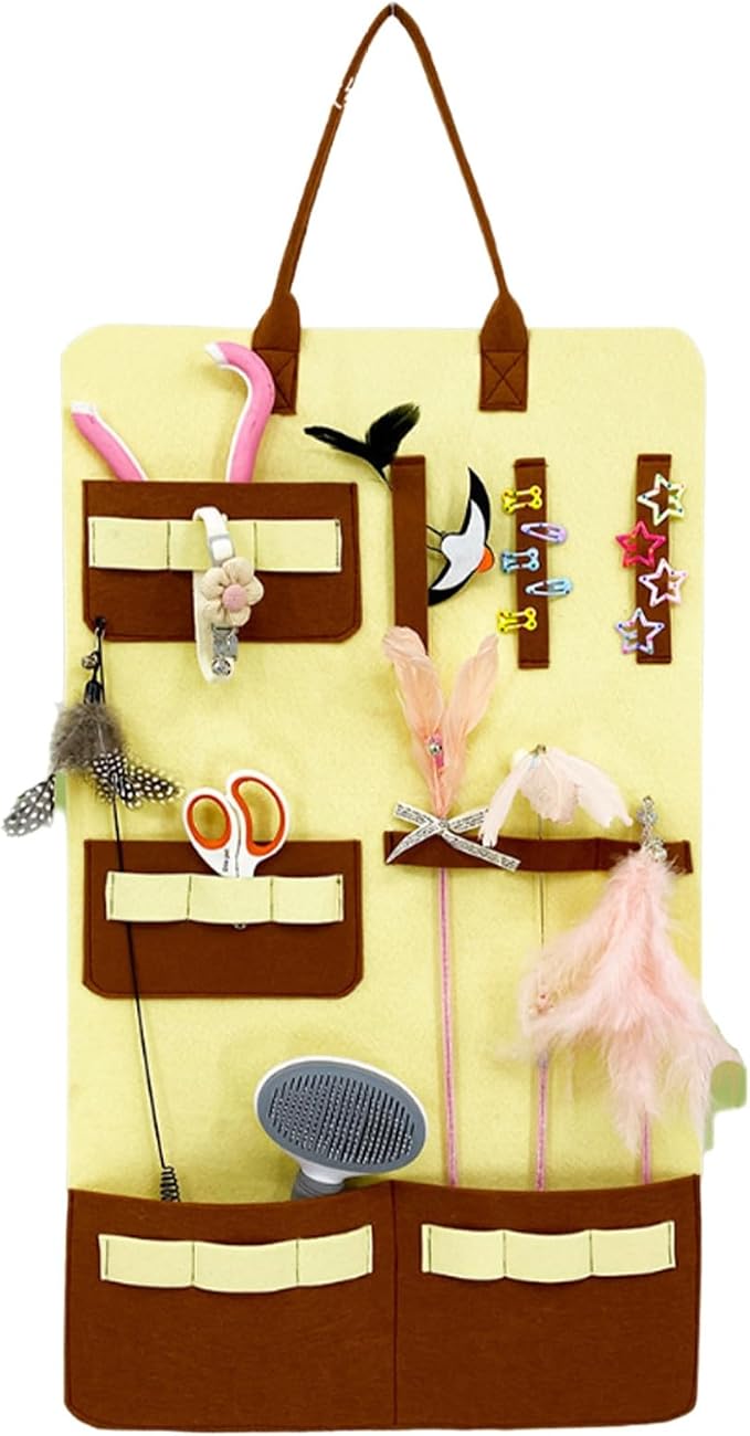 Indoor Cat Toy Organizer Bag Wall Hanging Cat Teaser Wand Holder Large Capacity Durable Felt Storage for Pet Supplies Brown One Size