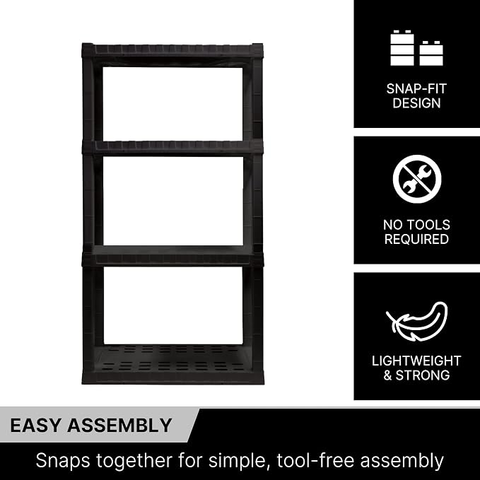 Oskar Heavy Duty Plastic Storage Shelves- for Garage, Kitchen, Bathroom Basement, Kids Room, Toys,Stackable 4-Tier Black, Organizer Rack for Books Shoes, Pantry, Cleaning and Closet Organization