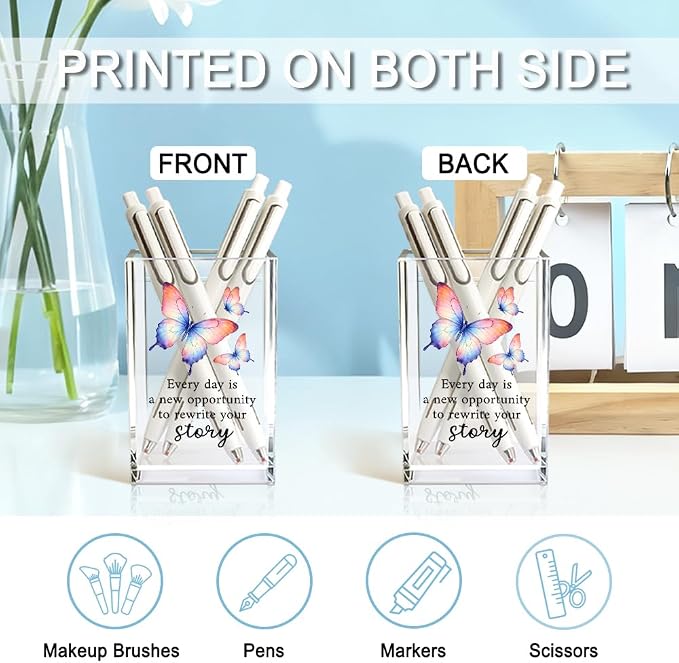 Every Day Is A New Opportunity To Rewrite Acrylic Pencil Holder Cup | Funny Butterfly Pen Holder Gifts For Women Girls Sister, Inspirational Gifts for Friends, New Job Gag Gift for Coworker