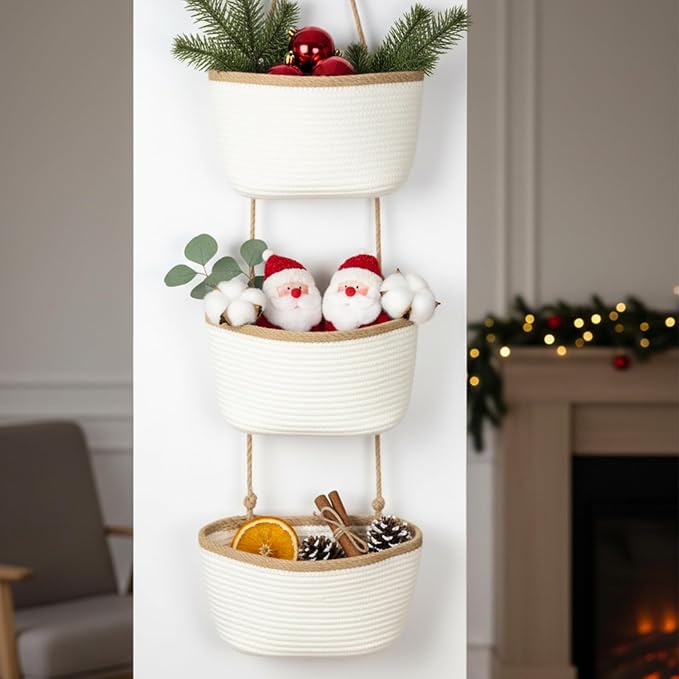 TeoKJ Over the Door Hanging Basket, 3-Tier Woven Cotton Wall-Mounted Storage Organizer Bag Decorative Hanging Nursery Baskets, White & Dark Brown
