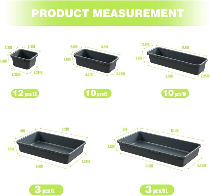 BYCY 38PCS Interlocking Desk Drawer Organizer Tray Divider Set, Plastic Black Desk Organizer Separator, Office Drawer Dividers Storage Bins for Office Bathroom Kitchen (38pcs 5Size)