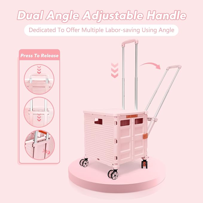 Foldable Utility Cart Rolling Crate Handcart Shopping Cart with Rotate Wheels Extended Magnetic Lid Telescoping Handle Adjustable Angle for Transports Groceries Office Teacher File(Pink)