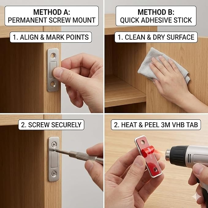 6 Pack Heavy Duty Cabinet Magnets - Ultra Thin Stick On Magnetic Door Catch, No Drill Stainless Steel Latch for Kitchen Drawer & Closet