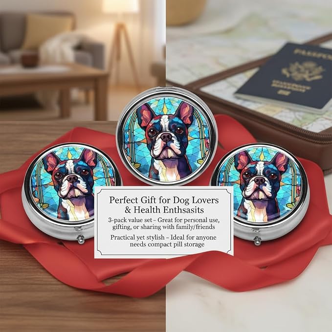 Boston Terrier Dog Small Box for Pill,3 Compartment Pill Case Travel Medicine,Portable Pocket or Purse Pill Organizer Container Holder Hold Vitamins, Medication, Fish Oil Supplements