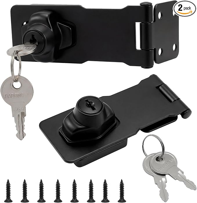 2 Pcs 4 Inch Hasp Lock, Black | Metal Twist Knob, Keyed Locking with Keys, With Screws, For Small Doors Cabinets Toolboxes and Storage Units