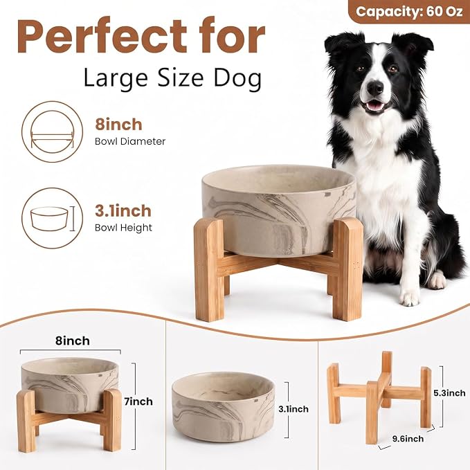 hjn Elevated Ceramic Dog Bowl with Bamboo Stand, Raised Pet Feeding Station for Small Medium Dogs Cats, Modern Design with Anti-Slip Base (Marble Brown, 7.6Cup)