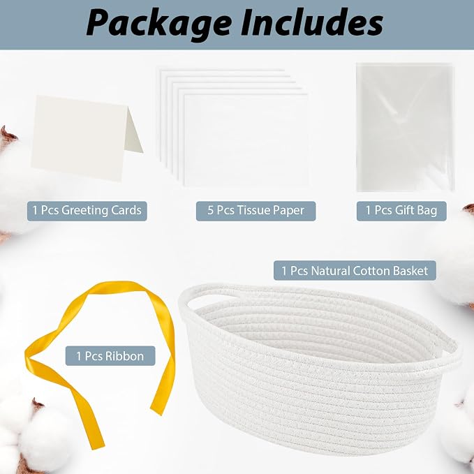 woric Small Woven Gift Basket Storage Baskets Back to School Baskets | Cotton Rope Basket Includes Gift Bag Card Ribbon & Tissue Paper for Gifts Storage Baby Shower Wedding Halloween Gifts
