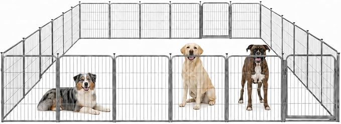 Dog Play Pen for Indoor Use - 32'', 24 Panels for Small and Medium Size Dogs - Portable Grey Playpen Kennel for House or Garage - Metal Heavy Duty Pet Fence with Anti-Slip Feet