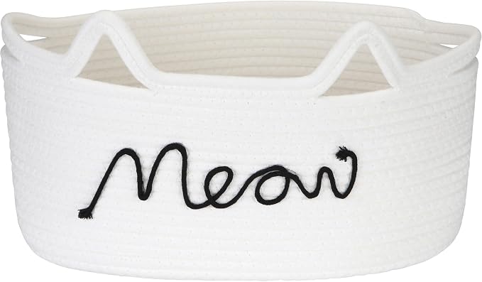 Sea Team Cat Toy Storage Basket with Handles and Ears, White Meow | Large Cotton Rope Storage Bin, Shelf Basket, Organizer for Pet Chew Toys, Foods, 16.5 x 11 x 7 Inches, 4.4 Gallons