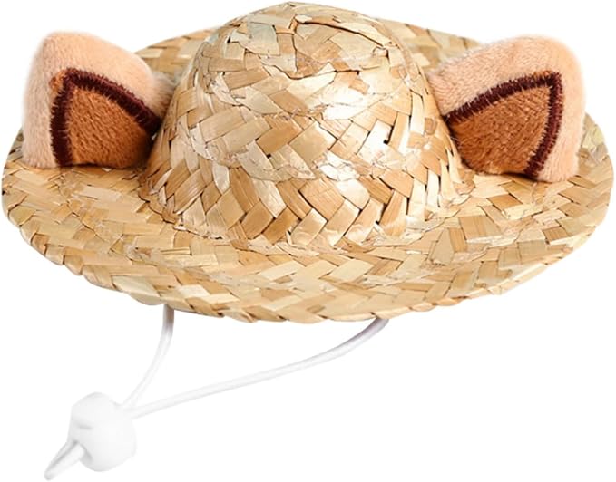Cat Ear Straw Hat Decorative Pet Headwear for Birthday Parties | Khaki, S 13cm Size, Safe Comfortable Fit, Adorable Holiday Accent