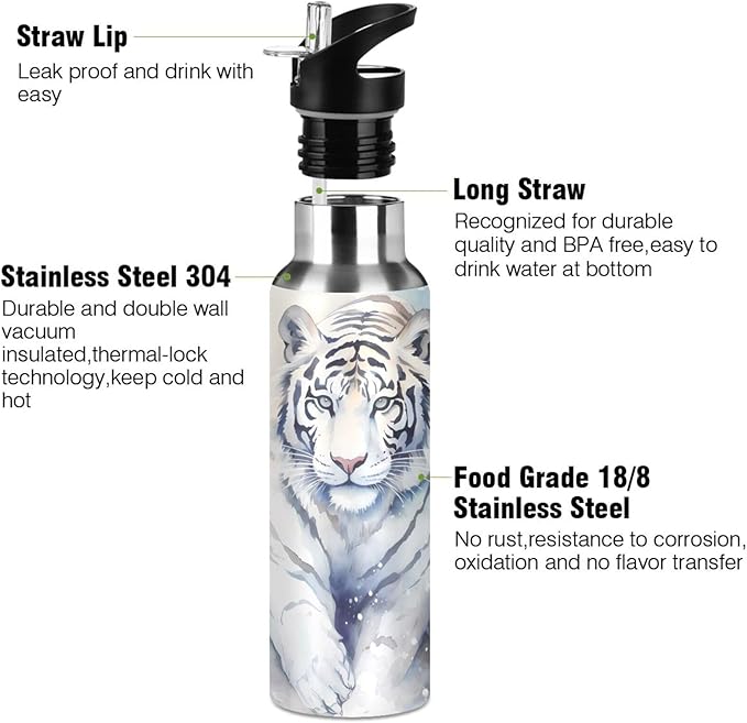 Tiger Walk Water Bottle with Straw Lid Kids Insulated Stainless Steel Water Flask Sports, 20 Oz Hot Cold