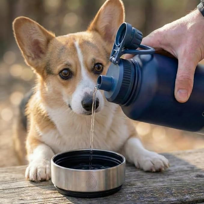 32oz Portable Dog Water Bottle with 2 Detachable Bowls for Small & Medium Dogs, Insulated Dog Travel Bottle for Walking and Road Trips (Dark Blue)