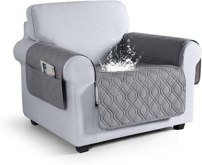VANSOFY Waterproof Chair Seat Cover for Pets, Light Gray, 22" | Non-Slip, Washable, Utility Pockets, Pet Friendly, Furniture Protector Slipcover for 1 Seater Couch