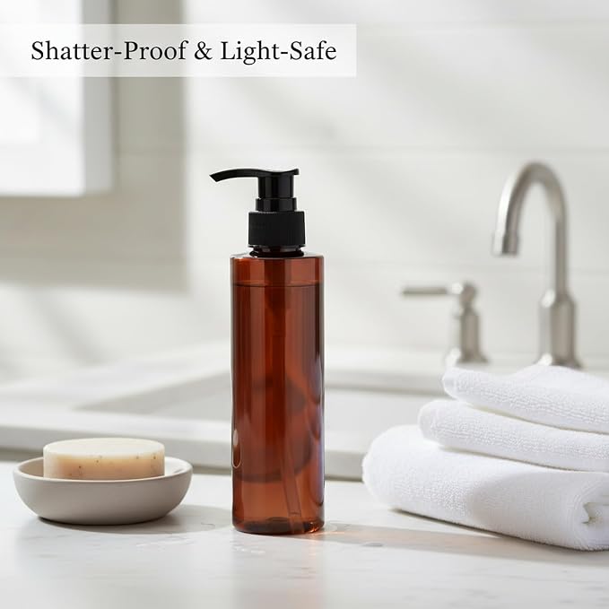 Amber PET Lotion Pump Bottle, Durable Refillable Dispenser for Travel & Shower, Black Finish
