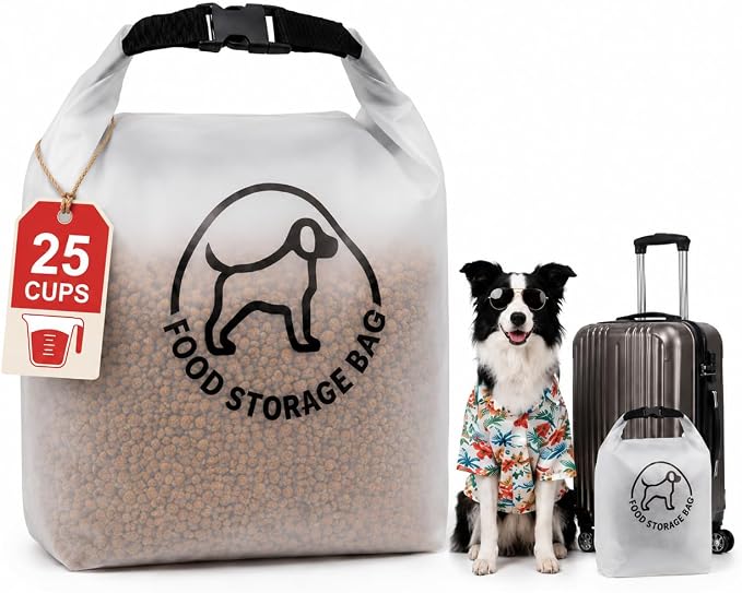 Dog Food Travel Bag, Reusable Silicone Pet Food Storage Container, Leakproof & Airtight Kibble Storage with Roll-Top Closure for Camping, Hiking & Road Trips,25 Cups
