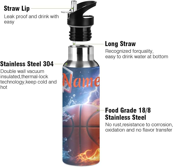 Custom Name Basketball Fire Lightning Water Bottle with Straw Lid Kids Insulated Stainless Steel Water Flask Sports, 20 Oz Hot Cold