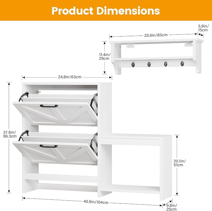Homeiju Shoe Storage Cabinet Organizer with 2 Flip Drawers, Freestanding Narrow Shoe Rack for Entryway, Shoe Bench, Wall Ledge Shelf, Coat Hooks & Anti-Tip Safety for Kids & Pets – White