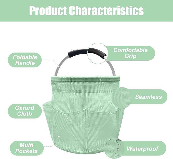 17L Cleaning Caddy with Handle, Foldable Cleaning Supply Caddy with 6 Pockets Cleaning Caddy Bag for Outdoor Camping Garden Harvest Basket Bathroom Storage (Clear Green)