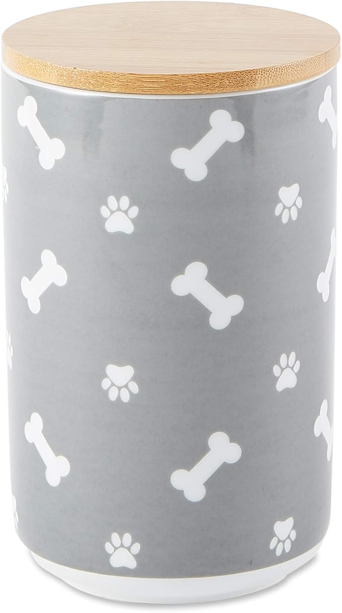 Bone Dry Ceramic Canister with Bamboo Lid, Paw & Bone Collection, Treat Jar, 4x6.5", Gray