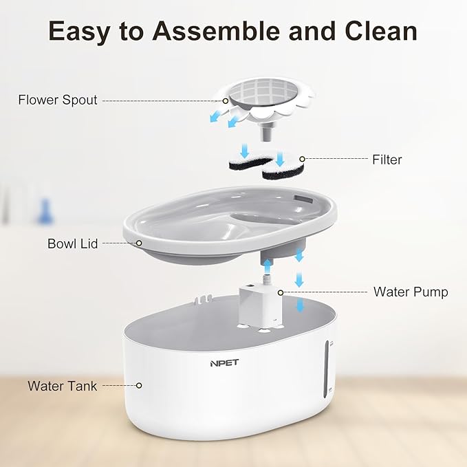 NPET Cat Water Fountain with Visible Water Level Window, White Grey 2L/67oz Automatic Pet Water Fountain with Quiet Pump, Dog Water Dispenser for Drinking (Inductor Model)